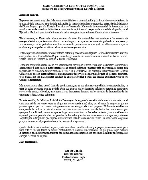 RobertChacon's tweet photo. CARTA ABIERTA A LUIS MOTTA DOMÍNGUEZ @LMOTTAD (Ministro del Poder Popular para la Energía Eléctrica de Venezuela) https://t.co/oQ3h0Ytxux