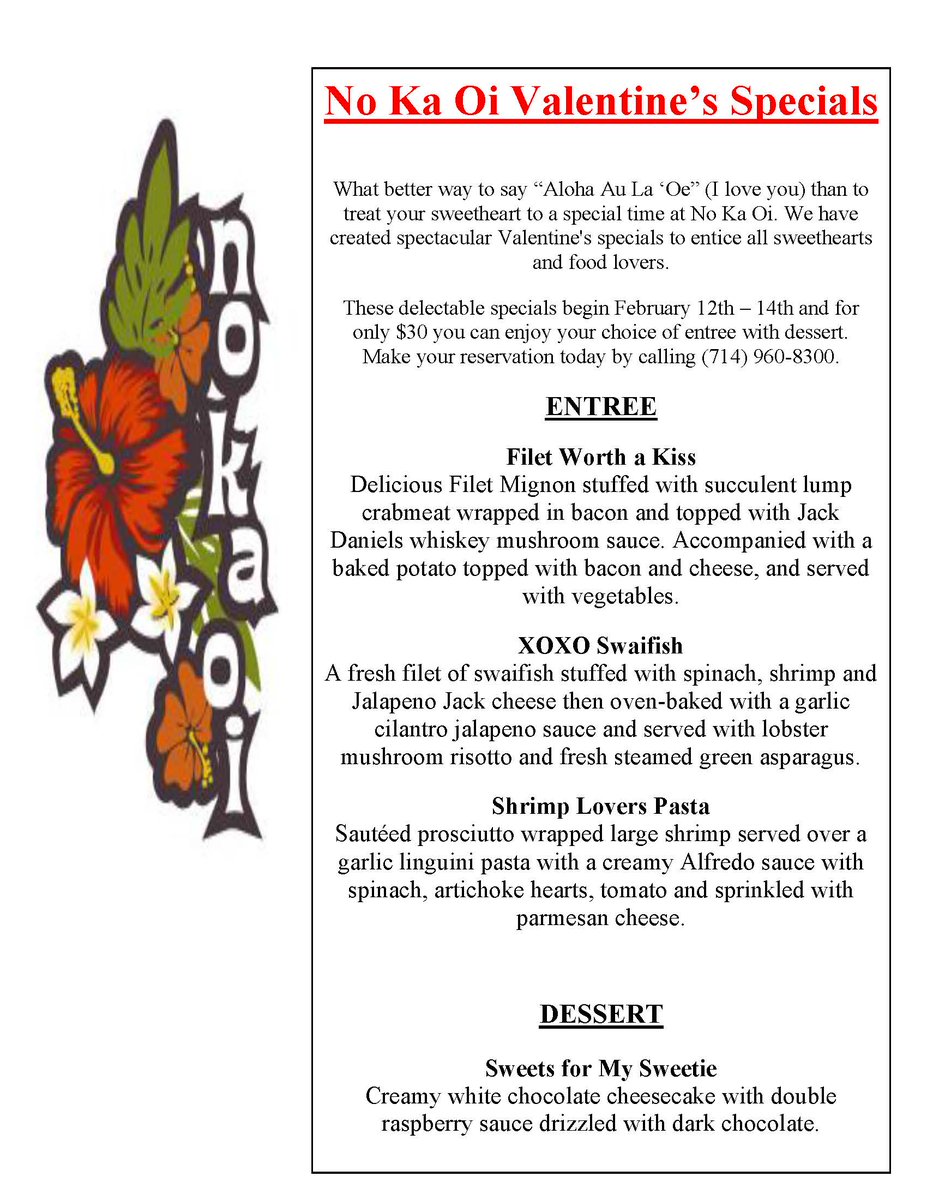 NoKaOiHB's tweet photo. "Aloha Au La 'Oe" means "I Love You".  Make your Valentine's special with No Ka Oi Specials. https://t.co/2yGXoYNsPp