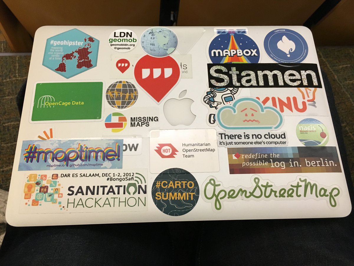 vicchi's tweet image. My laptop has gained #cartosummit, @stamen, WikiProject Maps and @MaptimeHQ stickers thanks to @mappingmashups