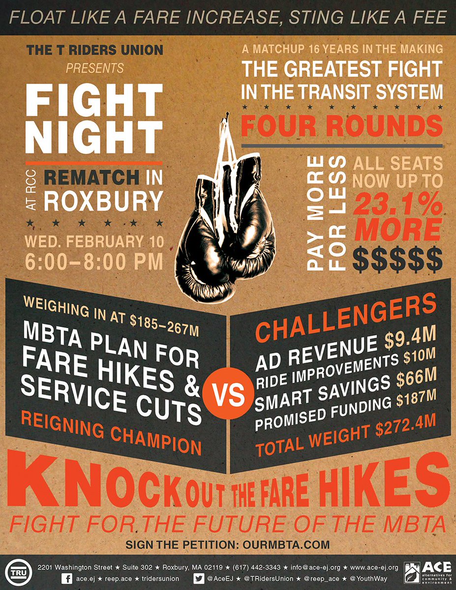 Fight Night: Rematch: See you tmrw, 2/10 at RCC, 6-8PM! #FightTheHikes <a href="/TRidersUnion/">T Riders Union</a> #MBTA @OTMBoston @bikesnotbombs