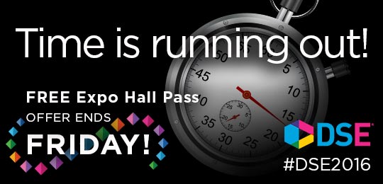DSEShow's tweet photo. Don't miss your chance to claim a FREE Exhibit Hall Pass to #DSE2016. Offer expires 2/12! #digitalsignage https://t.co/93mlHYC5jN