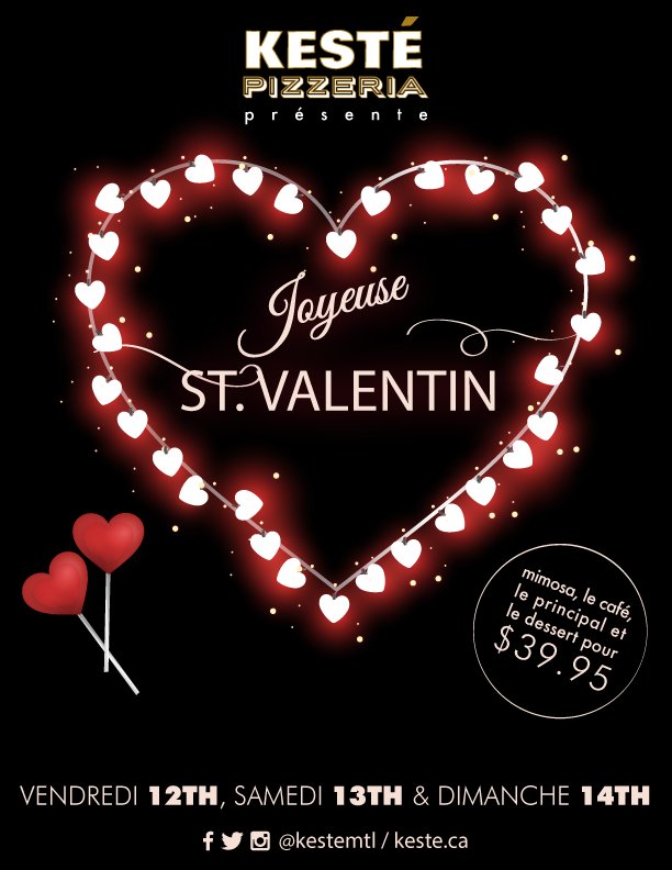 kestemtl's tweet photo. Joyeuse Saint Valentin ce weekend chez Kesté!
#JoyeuseSaintValentin #MTL #ValentinesDay #montreal #montrealfood #514 https://t.co/CtxfeCim7X