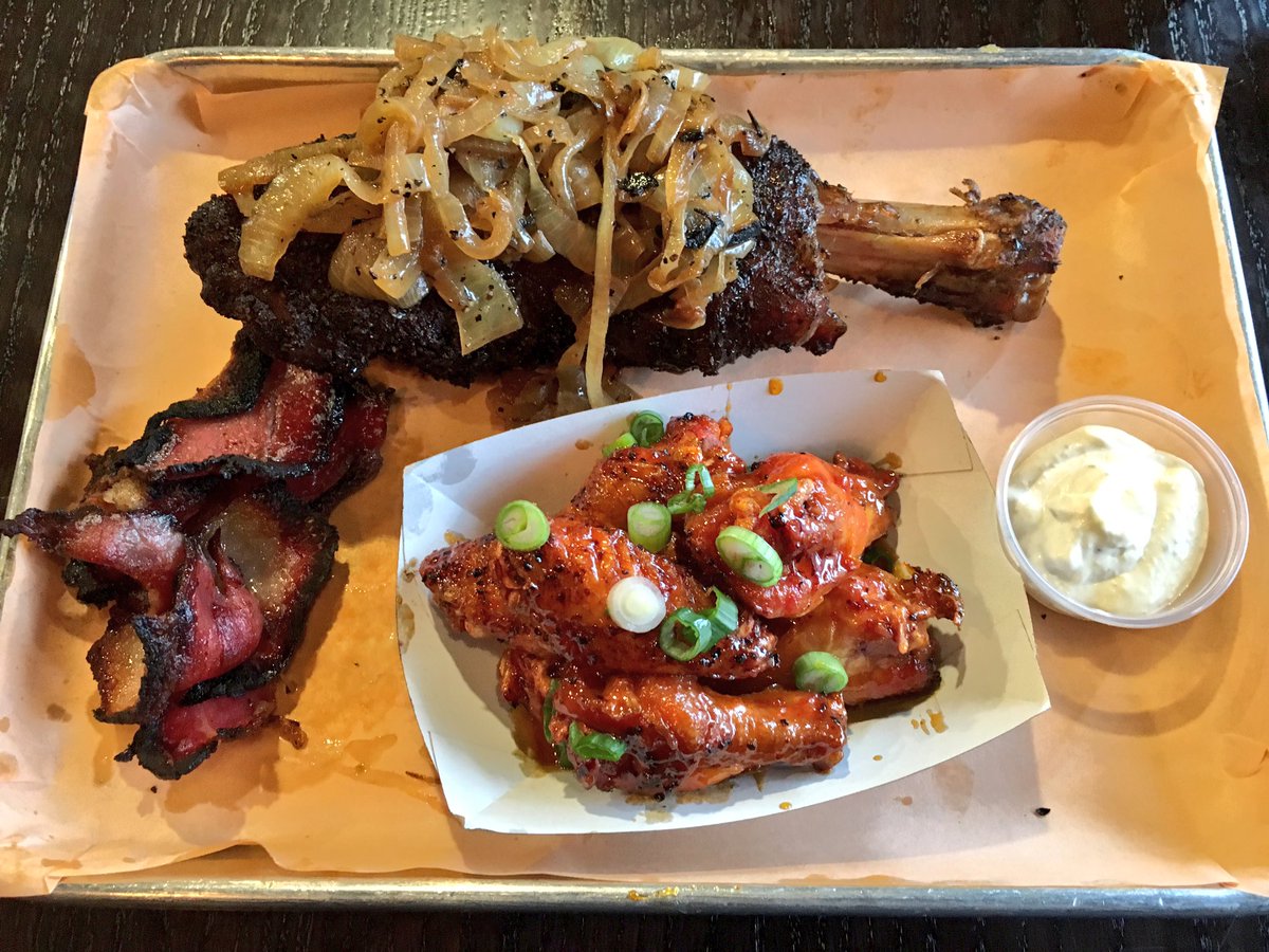 Smoked lamb shank, veal belly bacon, and smoked chicken wings <a href="/izzysbbq/">Izzy</a>. Good stuff.