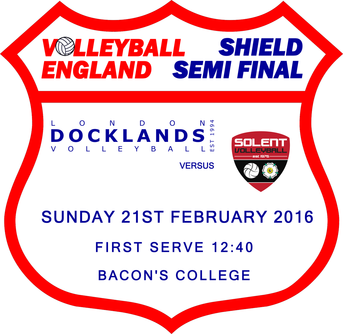 Our Shield semi final against <a href="/SolentVB/">solentvb</a> is on Sunday 21st Feb at Bacon's College - 12:10 warm-up