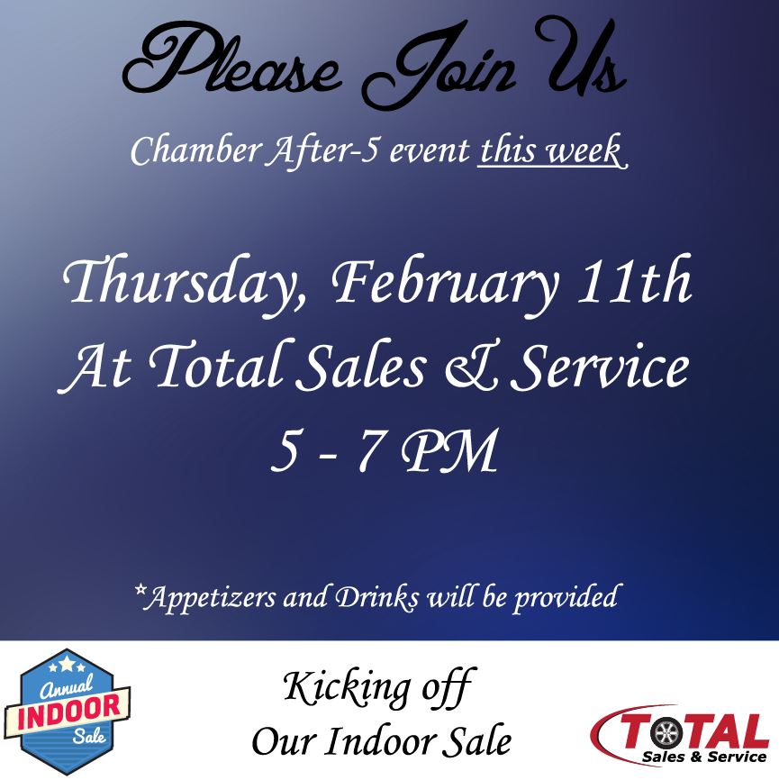 Join us this Thursday, Feb 11th for our Chamber After-5! Drinks and appetizers will be provided #IndoorSale #Kickoff