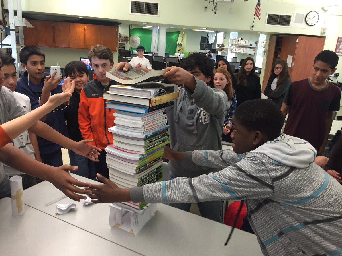 TechSequoia's tweet image. How many books can a 6-in high structure made from 8 pieces of paper &amp;amp; a foot of tape hold? 42!  SMS Makers Academy