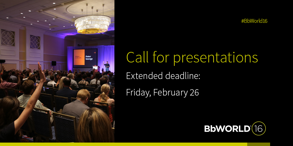Blackboard's tweet photo. 2 days left to submit a presentation proposal for BbWorld 2016. More info: https://t.co/wkmBNJpKOI https://t.co/sBTGgvBjwp