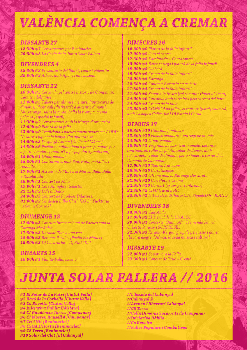 Ací tenim la programació de la #JuntaSolarFallera 2016!
Des de dissabte 27 amb la #LaCridà fins el 19 amb #LaCremà!