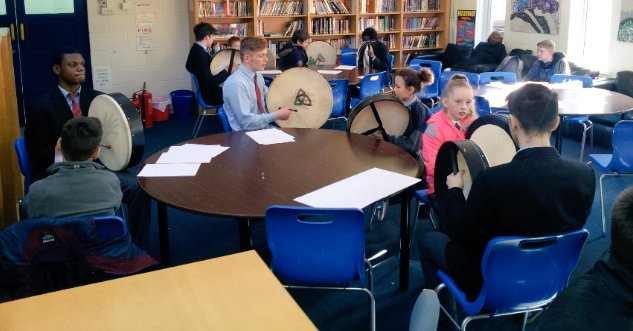 Rathdaralib's tweet photo. #StPatricksNS 5th class students learning to play the bodhrán today #TY #mentors https://t.co/XlyWst8hms