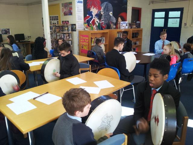 Rathdaralib's tweet photo. #StPatricksNS 5th class students learning to play the bodhrán today #TY #mentors https://t.co/XlyWst8hms