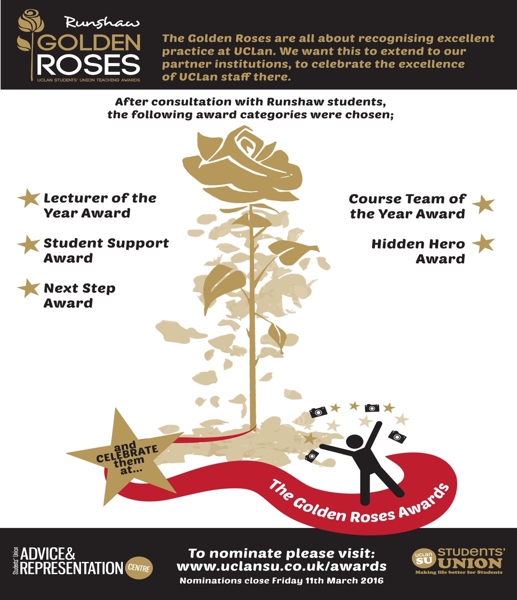 Nominate a member of Runshaw staff for the #GoldenRoses Awards! Visit: uclansu.co.uk/awards before 11 March