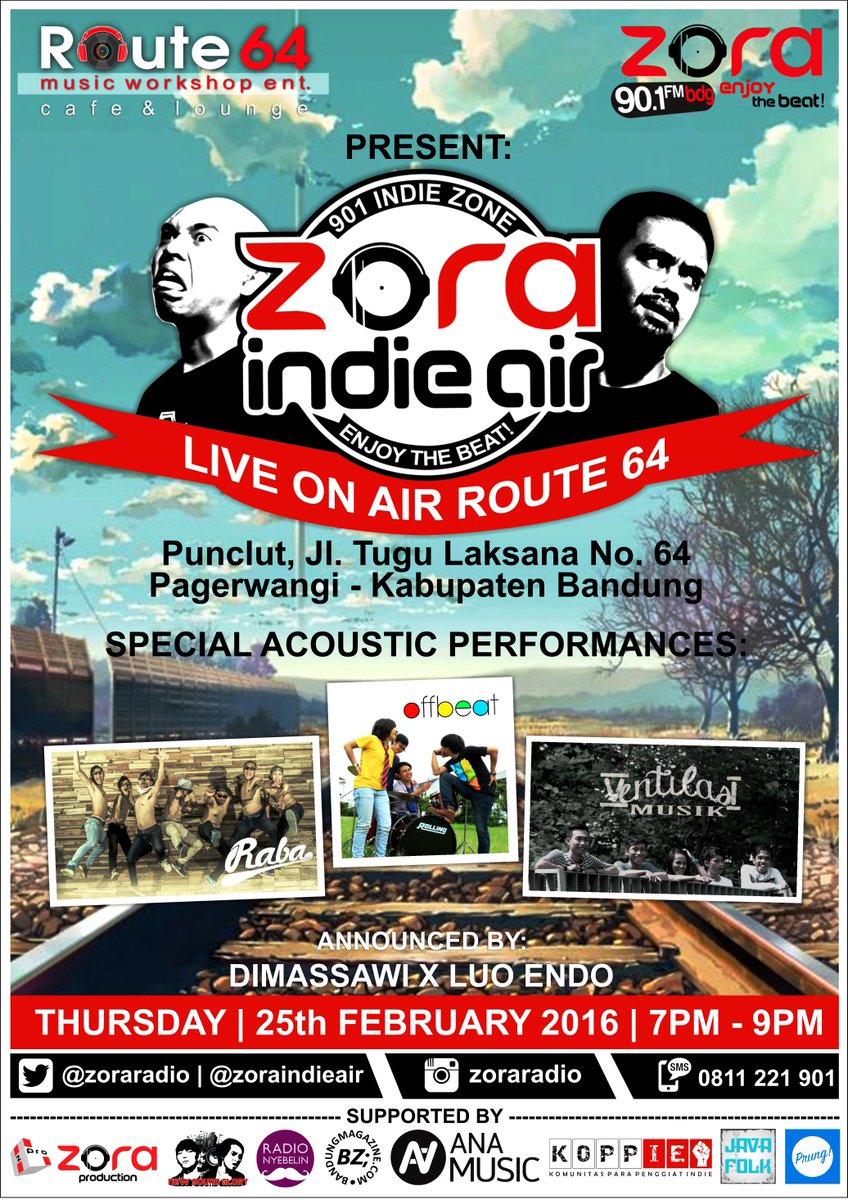 #ZORAINDIEAIRLIVEONAIR @route64bandung @zoraradio <a href="/RABA_OFFICIAL/">RABA Band Official</a> <a href="/offbeatbandID/">-OFFBEAT-</a> #VentilasiMusik cc:<a href="/infobdg/">BANDUNG ᮘᮔ᮪ᮓᮥᮀ</a>