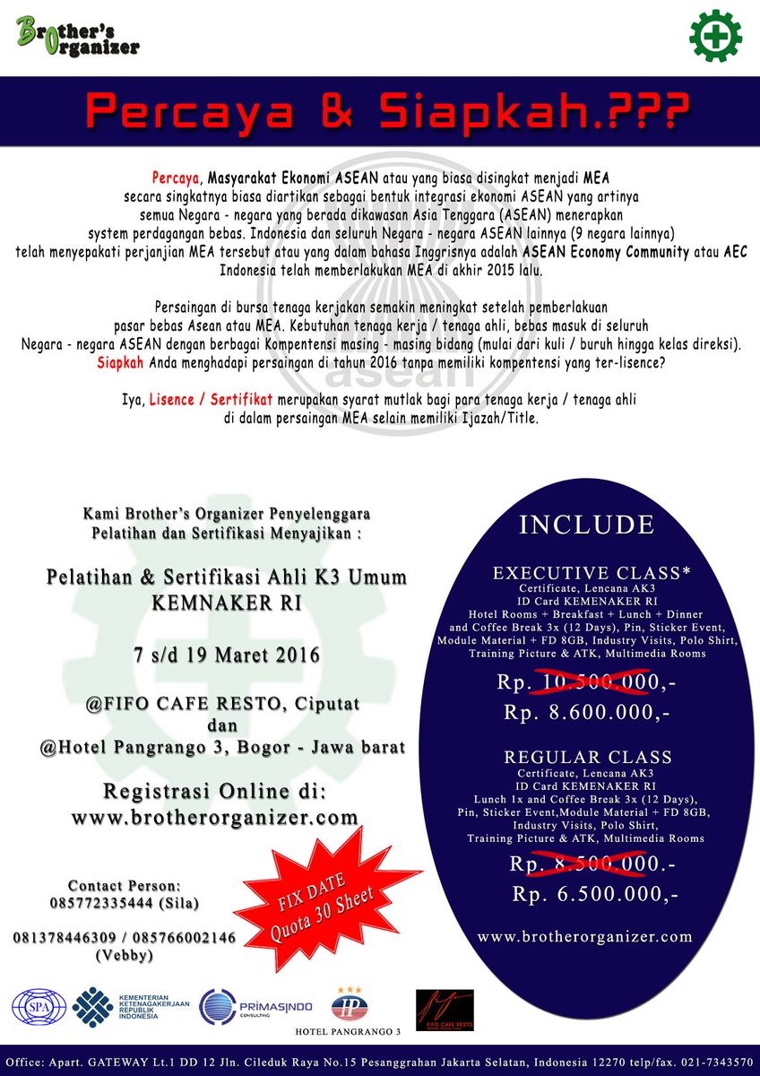 BrotherOrganize's tweet photo. Pelatihan Sertifikasi AK3 Umum - Booking Now!
https://t.co/KCLMP16rwh @ZulpakorOktoba @zakkygalbi @zaafahleviii https://t.co/Vw9rBTI7j3