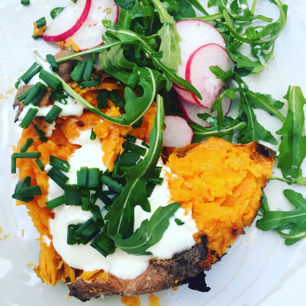 Nigella_Lawson's tweet image. All heart! Sweet potato with sour cream and chives, and a rocket and radish salad for today's lunch....