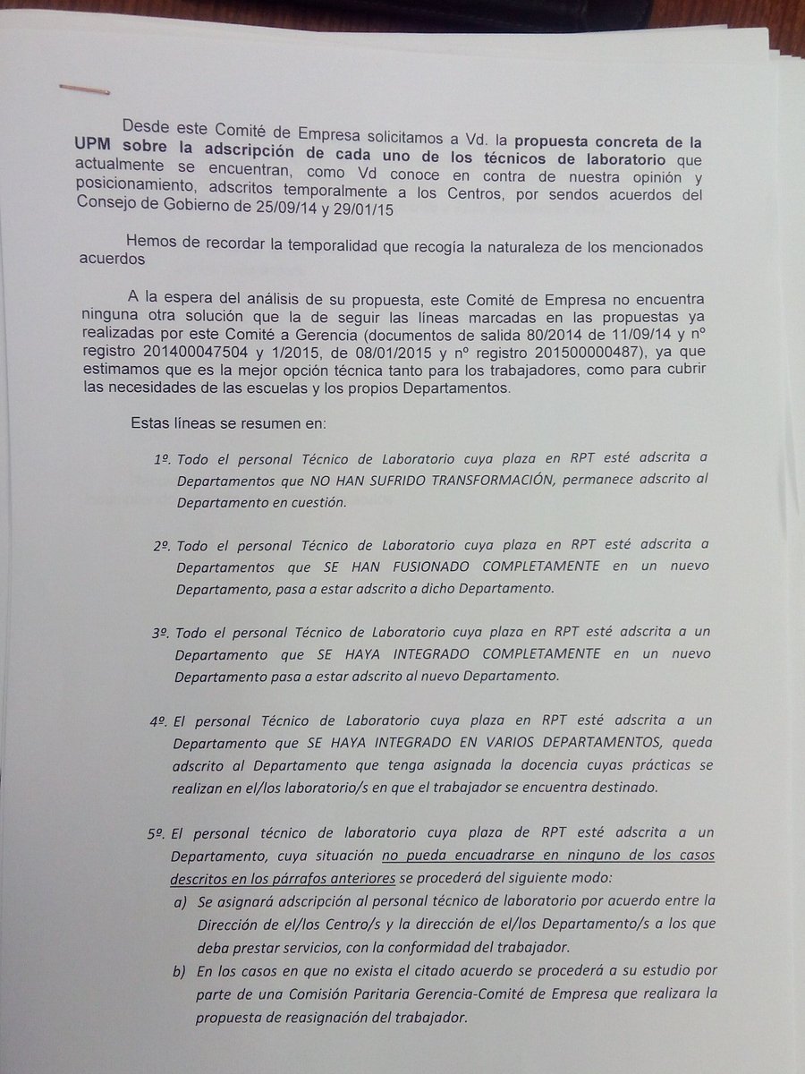 Comité Empresa PAS Laboral <a href="/La_UPM/">Universidad Politécnica de Madrid</a> aprueba propuesta de adscripción de los técnicos de laboratorio a Departamentos.