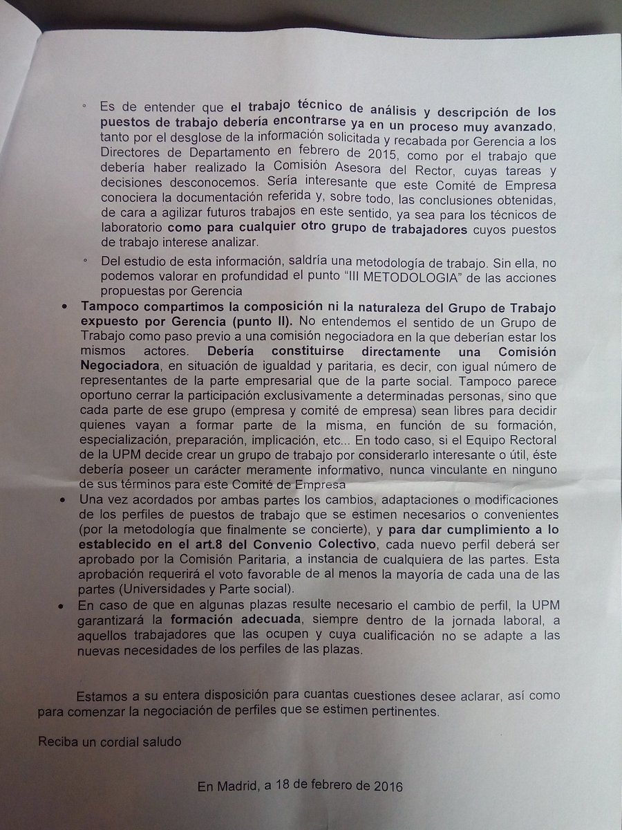 Comité Empresa PAS Laboral responde a Gerente <a href="/La_UPM/">Universidad Politécnica de Madrid</a> sobre la propuesta de negociación de perfiles 2/2