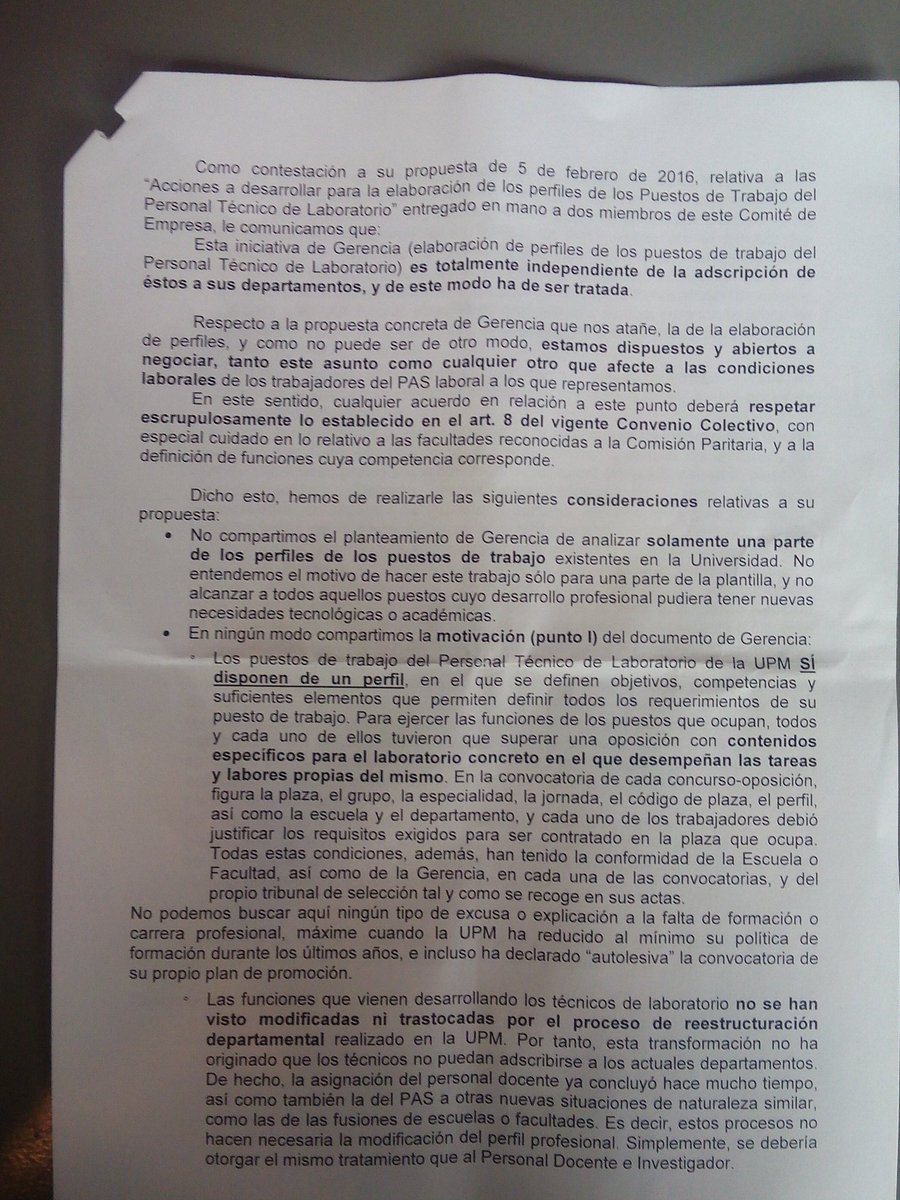 Comité Empresa PAS Laboral responde a Gerente <a href="/La_UPM/">Universidad Politécnica de Madrid</a> sobre la propuesta de negociación de perfiles 1/2