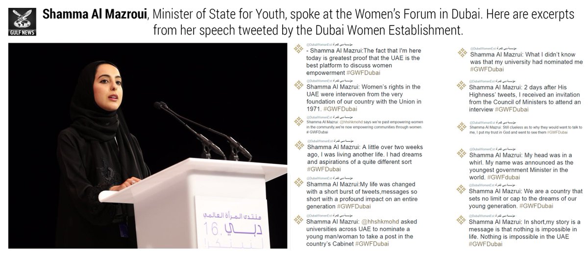 22-year-old Minister of Youth speaks at the #GWFDubai. (Tweets from @DubaiWomenEst).