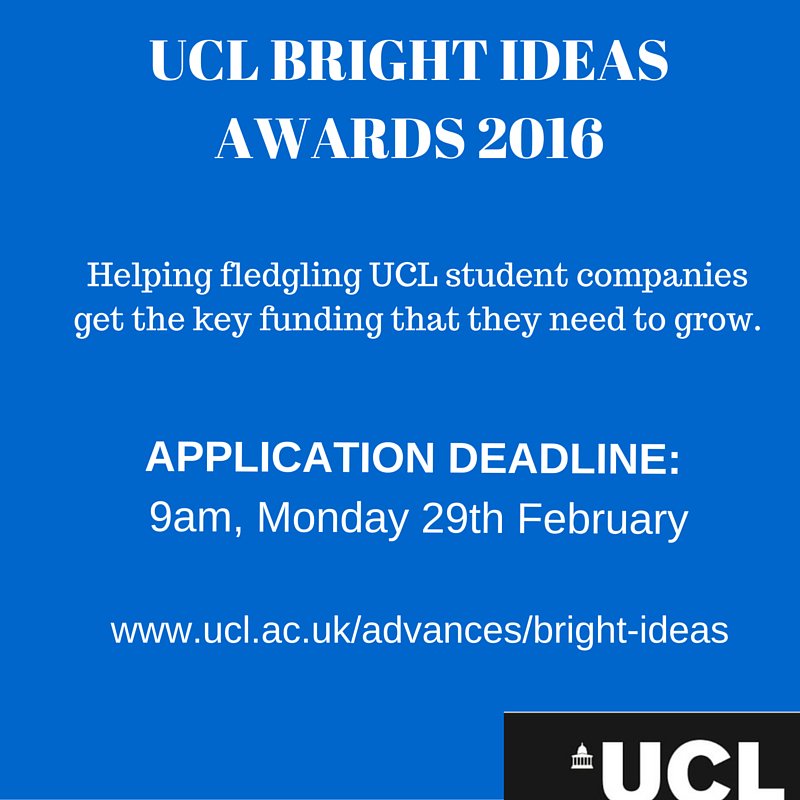 UCLAdvances's tweet photo. Only a few days left to apply for UCL Bright Ideas Award https://t.co/av4sSNmCOh #uclstudent #funding https://t.co/bwN9ZRj3qi