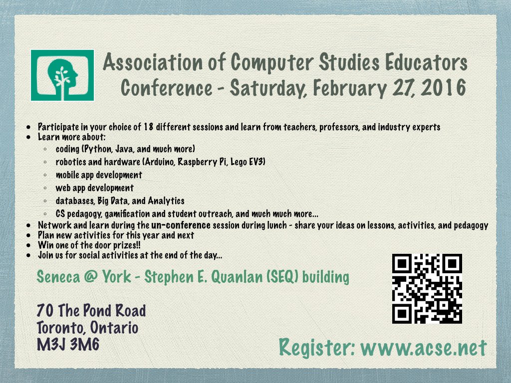 Looking forward to presenting at #acse16 this Sat. in Toronto. Register now and get your code on! #onted #onedchat