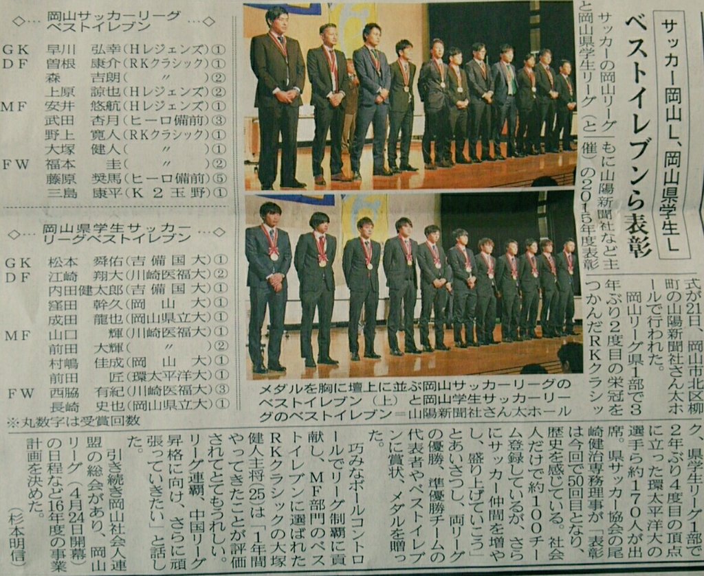 岡山県立大学サッカー部 先日 15年度岡山県学生サッカーリーグベストイレブンに本大学より以下の2名が選出されました Df 13 成田 龍矢 岡崎城西高校出身 Fw29 長崎 史也 玉野高校出身 掲載 16 02 22 山陽新聞社 朝刊 T Co Ywkm6zqwev