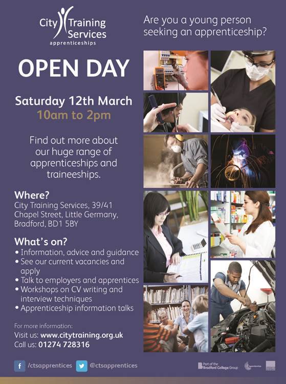 BradfordCollege's tweet photo. Want to know about #apprenticeships? Don't miss @CTSApprentices Open Day, talk to #employers &amp; current #apprentices! https://t.co/z37kdUHd15