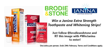 brodieandstone's tweet photo. Want whiter teeth with Janina? Follow &amp; RT with #WinJanina before 29th February! Good luck 🍀 https://t.co/45H5wTyObx