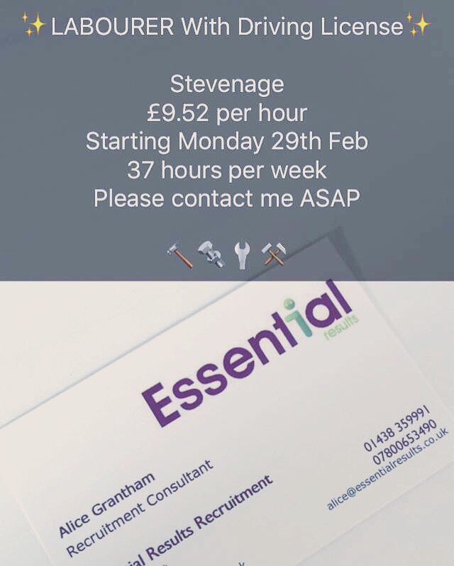 EssentialTemp's tweet image. ✨LABOURER With Driving License✨

Stevenage 
£9.52 per hour 
37 hours per week
Please contact me ASAP

🔨🔩🔧⚒