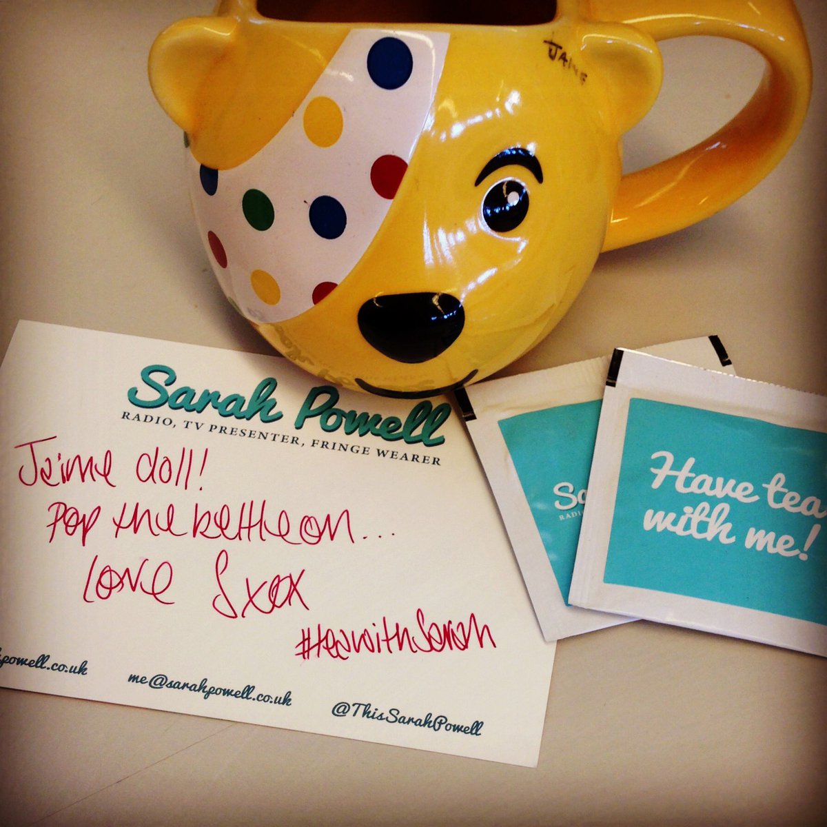 jaime_corby's tweet photo. I'm having tea with @ThisSarahPowell - do the same, it's nearly 3! #teawithSarah thanks! #makemondayfun https://t.co/2c7mW8OegG