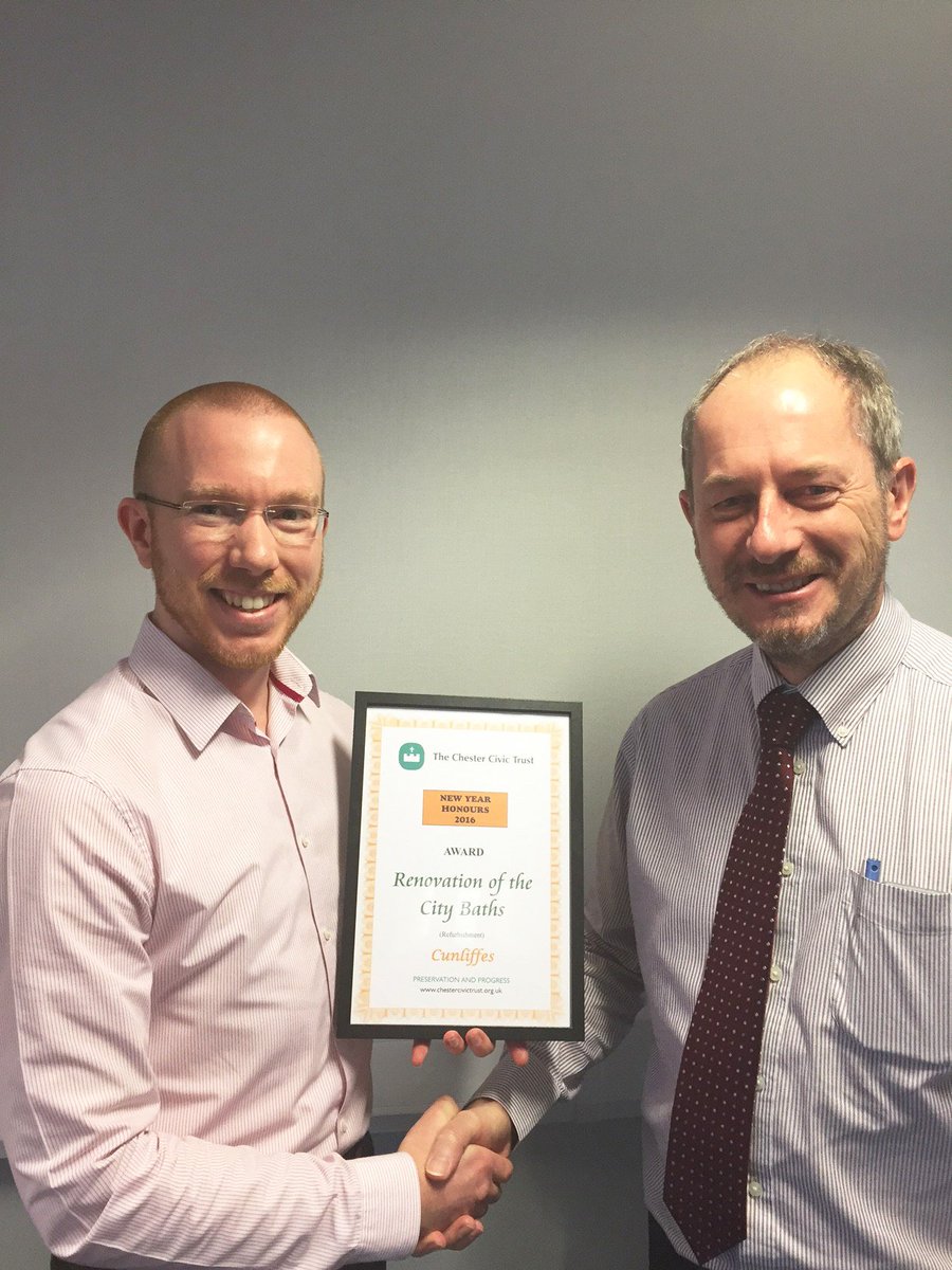 Noel Shearer congratulates Jonathan Vine following Cunliffes Chester Civic Award for Chester Baths restoration #RICS