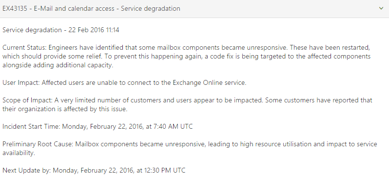 Excellimore's tweet image. Handful of customers having issue accessing their email this morning; Microsoft are working to fix ASAP.