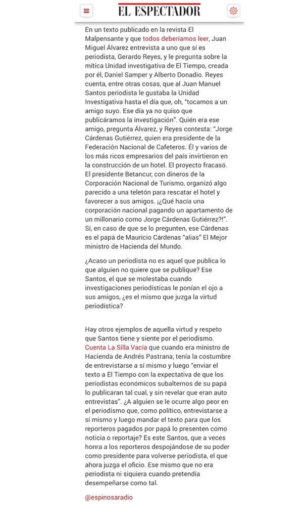HassNassar's tweet photo. Por favor lean este extracto de la columna de @EspinosaRadio titulada "Santos, periodista?". https://t.co/d8Mcz0mlDz