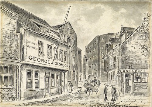 Hull_Museums's tweet photo. A couple more old pubs from the High Street area of Hull, the George & Dragon and the Dog & Duck, c.1888 #PastPints https://t.co/C2Her0i5O5