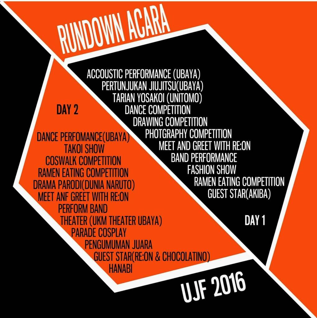 DPM_FT_Ubaya's tweet photo. Rundown Ubaya Japanese Festival
#ujf2016 #ubaya #surabaya #japanesefestival #japan #reon #akibastreet #chocolatino https://t.co/svIIE1zCl7