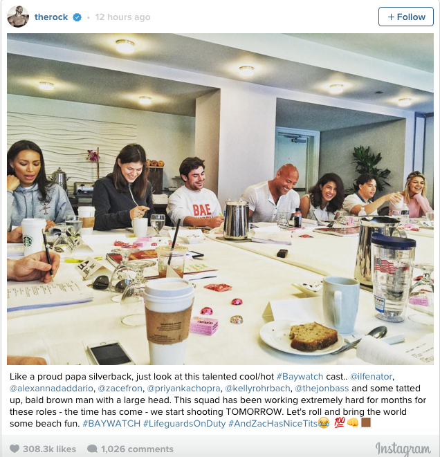 BuzzFeed's tweet photo. The Rock just Instagrammed the first photo of the cast of the new Baywatch movie https://t.co/wbixegrHHq https://t.co/dN0zKjEFFR