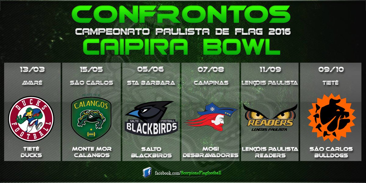 ScorpionsFlag's tweet photo. Fim do mistério.
Nossos compromissos da fase regular do Campeonato Paulista de Flag 2016 já estão definidos. https://t.co/ABrbQiUpga