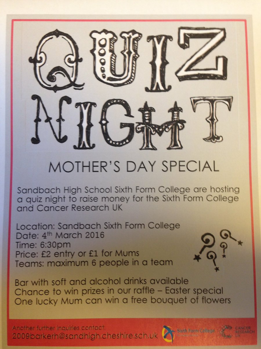 SandbachCollege's tweet photo. Please come along to our Quiz Night 4th March - a Mothers Day Special!  More info from Harriet Barker Y13 https://t.co/nQIpcW3H2V
