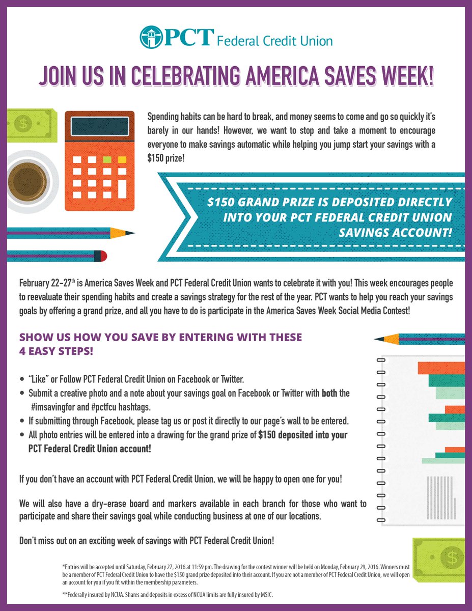PCT_FCU's tweet photo. Our #AmericaSavesWeek contest is here-Submit a photo & line about saving w/ #imsavingfor&#pctfcu for a chance to win https://t.co/Kx9QipeMmr