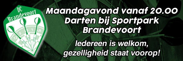 Vanavond weer trainingsavond bij Sportpark Brandevoort. Iedereen is welkom om met ons te darten. Vanaf 20.00 uur!