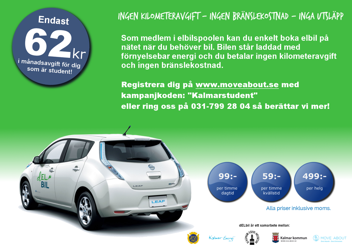 MoveAbout_Swe's tweet photo. Pluggar du i #Kalmar? Bli medlem i #elbilspoolen för endast 62kr/månad! Ingen kilometeravgift, inga utsläpp! #dELbil https://t.co/tK0fk1huSE
