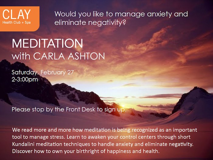 Learn how to manage anxiety and reduce negativity. Join us this Saturday 2/27 at 2pm for a meditation workshop.