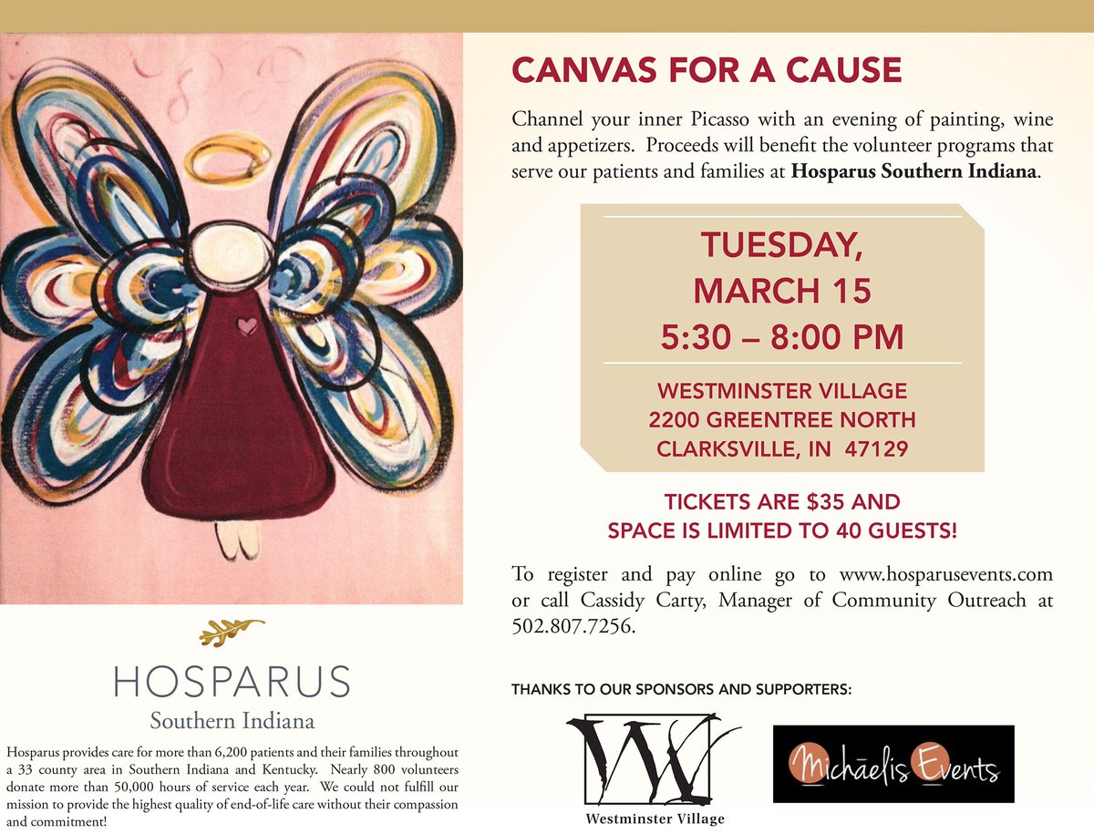 hosparushealth's tweet photo. REMINDER: Channel your inner Picasso on March 15. Proceeds benefit Hosparus S. Indiana! #CanvasForACause https://t.co/U8FNdKKFtr