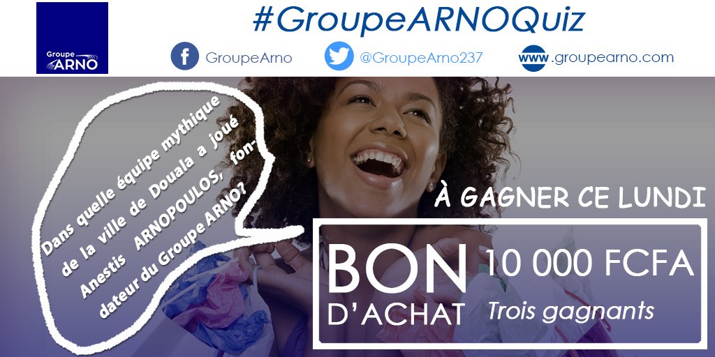 Trois bons d'achat de 10 000 FCFA mis en jeu, trois heureux gagnants.
BONNE CHANCE !!! #GroupeARNOQuiz #CMR #TEAM237