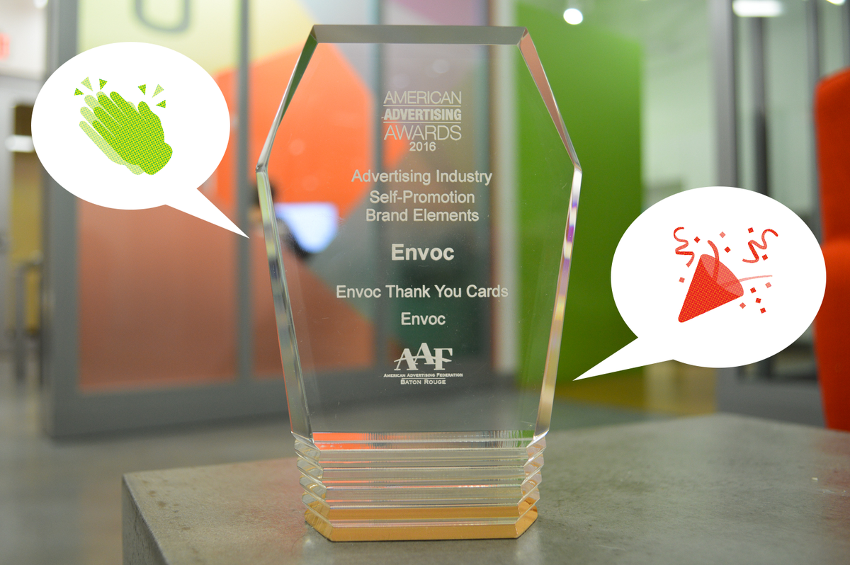 envoc's tweet photo. OMG! We won a Gold Addy for our thank you cards. Have you gotten one yet? #addybr https://t.co/LNVvzcUcFz