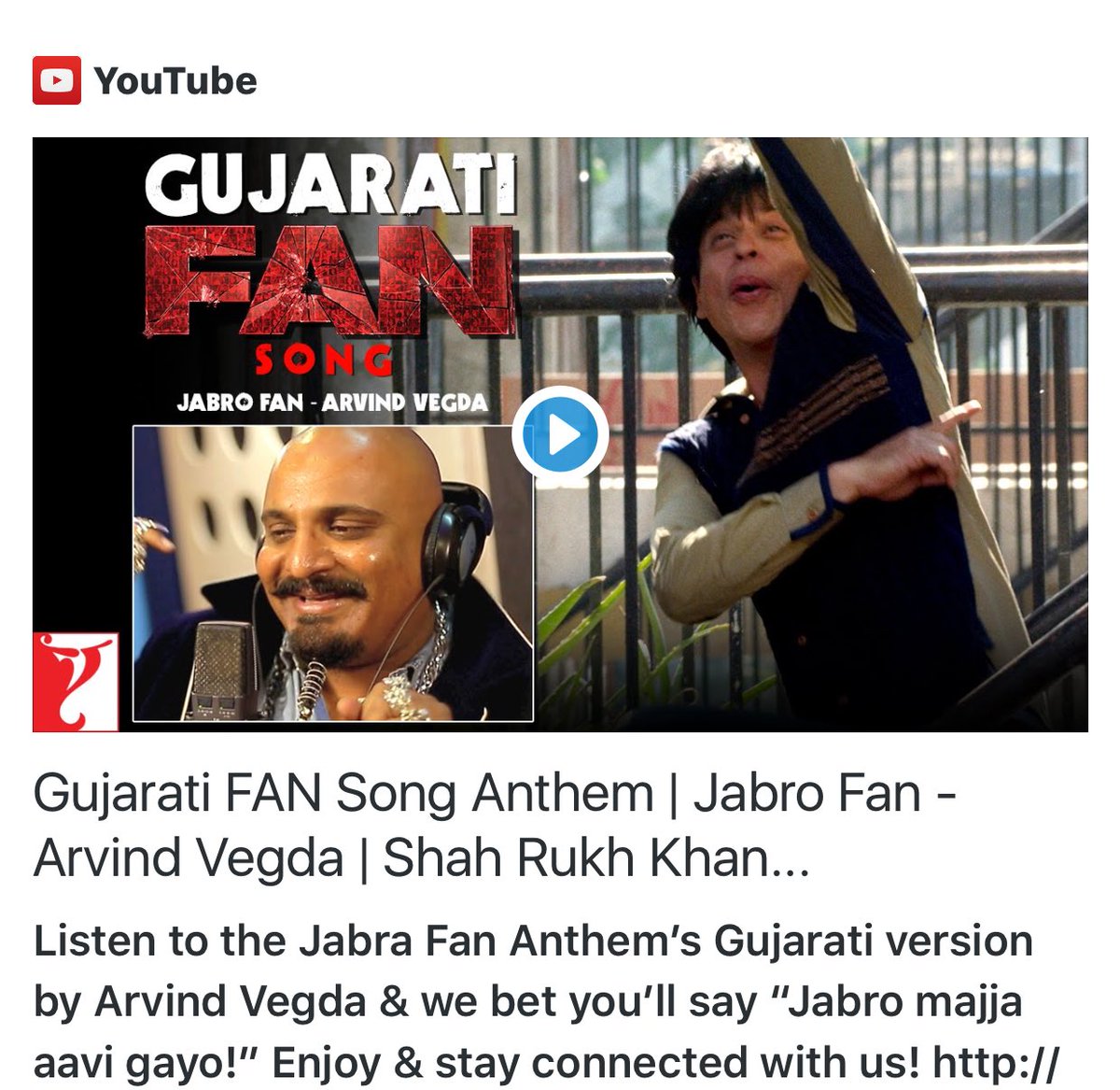 ArvindVegda's tweet photo. Listen to Jabra fan anthem's Gujarati version! | @FanTheFilm #FanAnthem @yrf @iamsrk #JanbroFan #Song https://t.co/GACKPdiOnM