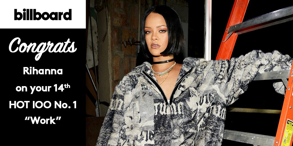 billboard's tweet photo. #DamnRiri! Back at it again with your 14th #Hot100 No. 1! Story: https://t.co/Y6XByLaIjC https://t.co/MverGfwEke