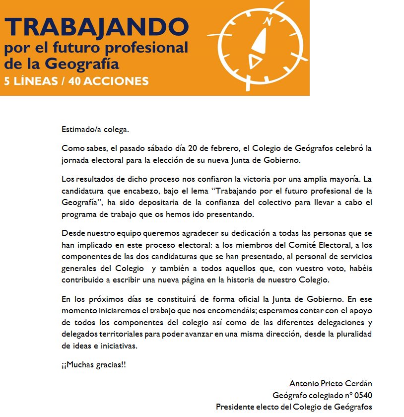 GeografosProf's tweet photo. Comunicado de agradecimiento Elecciones del @colegeógrafos
Muchas gracias a todos/as!
#5líneas40acciones https://t.co/Bmg5WwMAbm