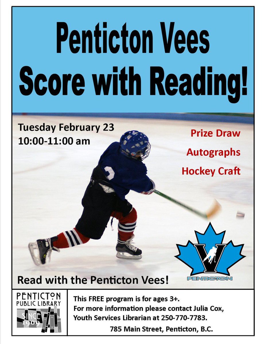 PentictonVees's tweet photo. #Vees will be at @PentictonLib TOMORROW from 10-11am for #ScoreWithReading! Prizes, autographs & crafts for ages 3+ https://t.co/z4pATYxHVc