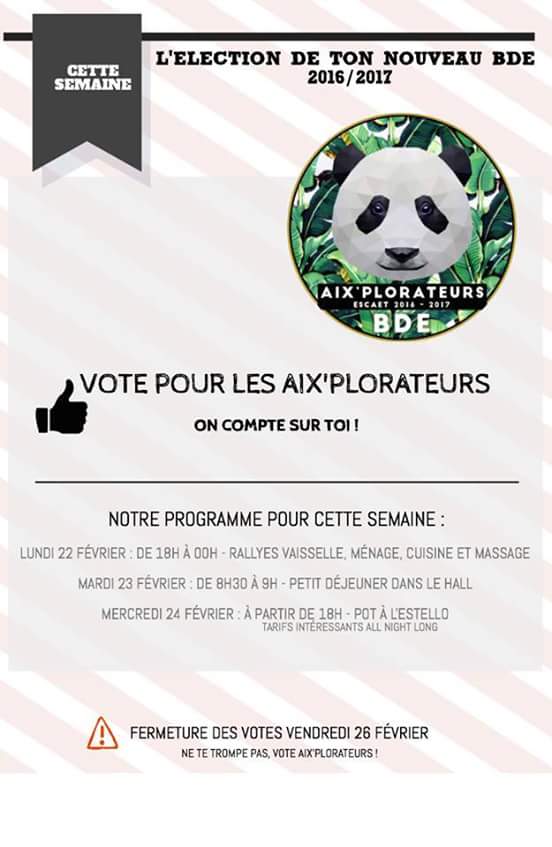 etudiantsescaet's tweet photo. Top départ pour la campagne BDE !
Les Aix'Plorateurs vous présentent leur programme #VMVESCAET @Les_MBA_ESCAET https://t.co/WpDeKzHYAW
