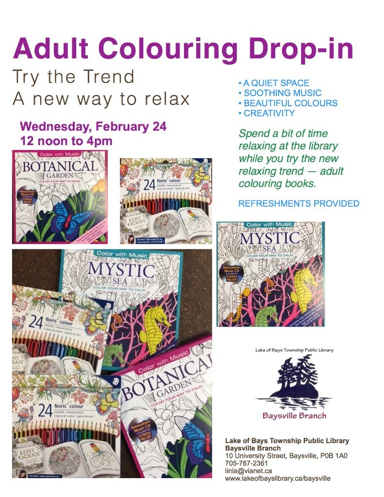 LakeofBaysTwp's tweet photo. Adult Colouring on Wednesday - 10:30am at #DwightLibrary or noon @BaysvillePL https://t.co/e7grZfjvYv